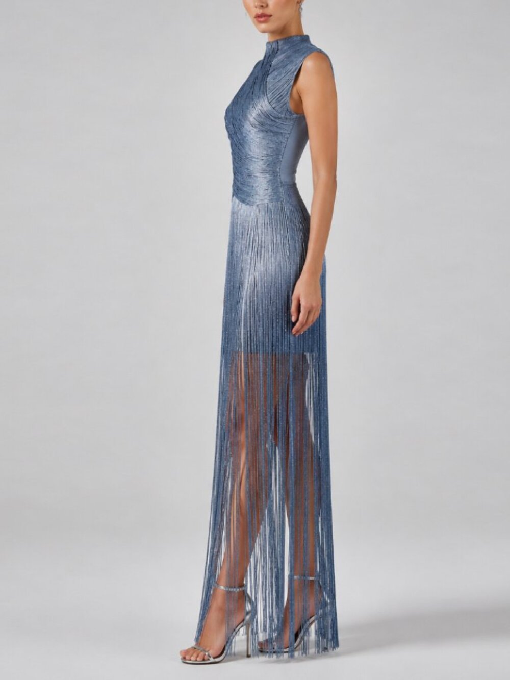 Glam Slate Blue Shimmer Fringe Mock Neck Bandage Bodycon Maxi Gown
